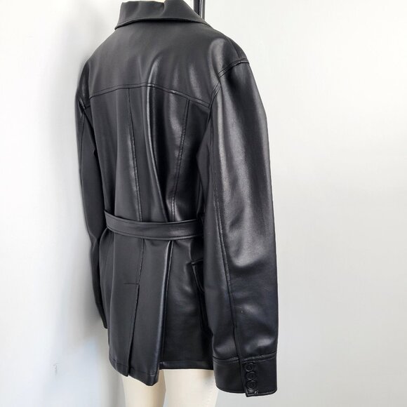 Outer Edge Faux Leather Trench Coat – Early 2000s Y2K Belted Jacket - Picture 3 of 12